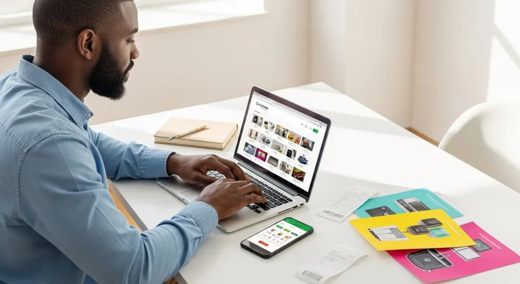 A person uses a laptop and smartphone to compare prices from different online retailers.
