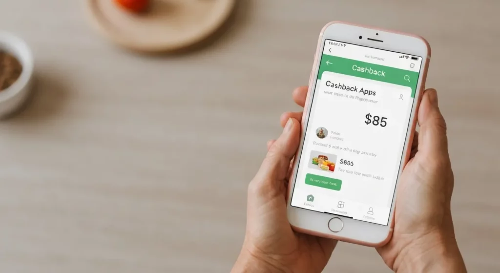 A woman smiles while looking at her smartphone, displaying a cashback app showing a significant monetary amount.
