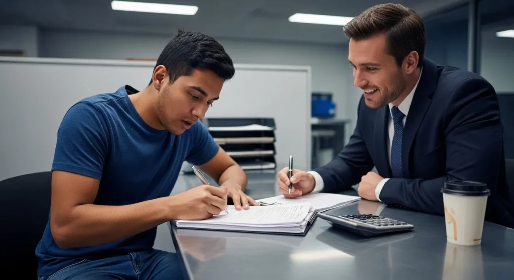 A person sits at a desk in a car dealership finance office, reviewing a stack of loan documents.
