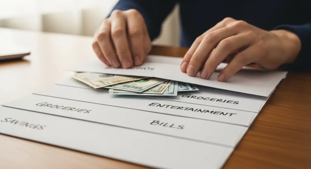 A person's hands sorting cash into labeled envelopes, with some envelopes visibly fuller than others.