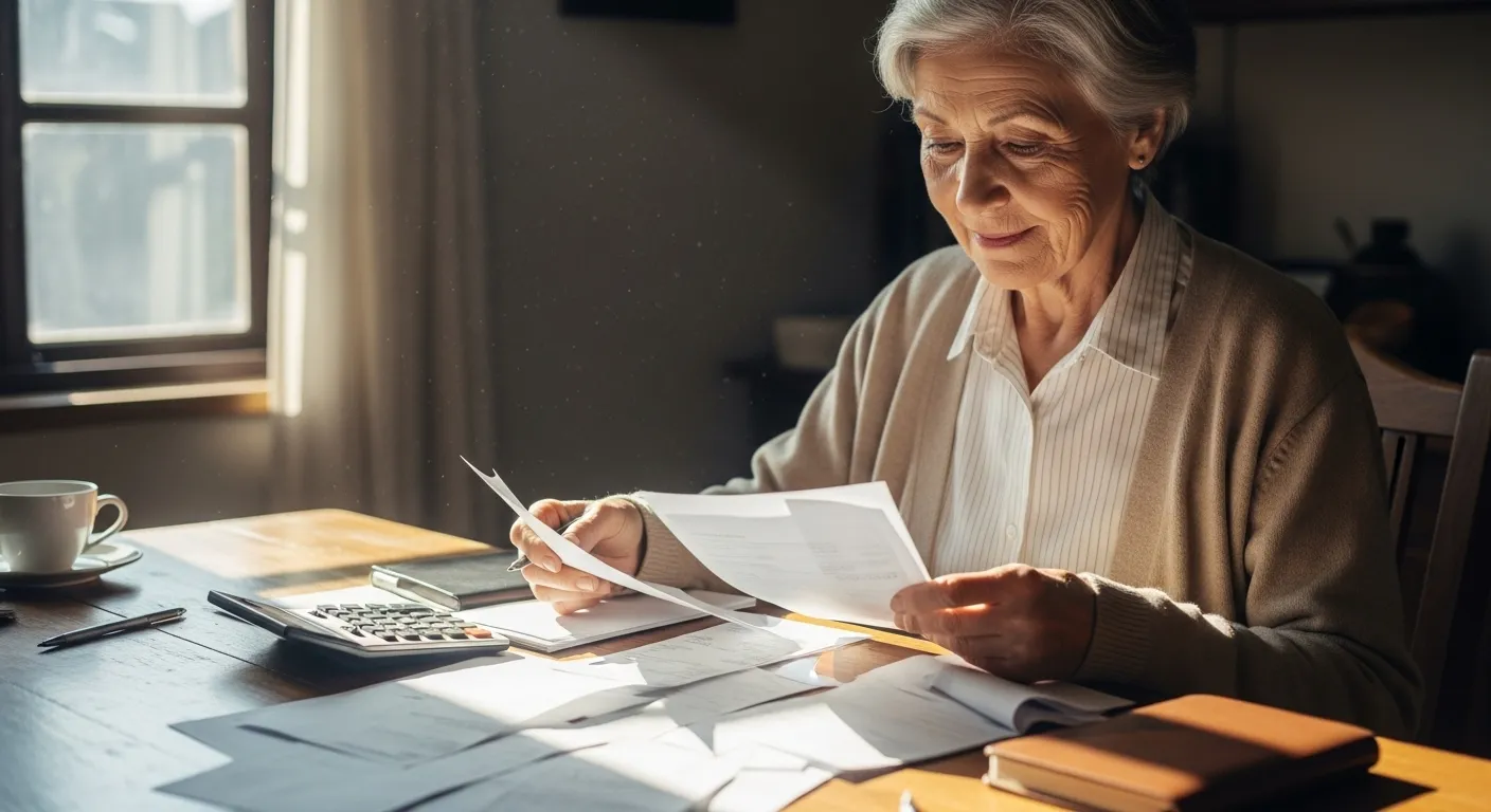 A senior citizen sits at a well-lit table reviewing financial documents, a calculator, and a notebook.