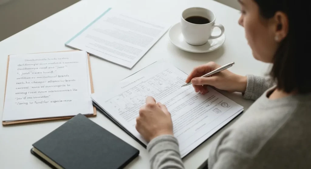 A woman sits at a desk, surrounded by neatly organized paperwork and a laptop, thoughtfully reviewing her budget.