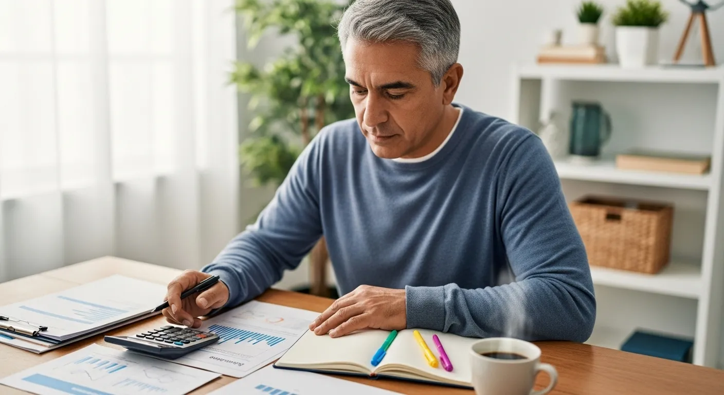 A person sits at a table with financial documents, a calculator, pens, and a notebook.