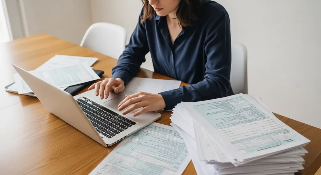 A person sits at a table with a laptop and numerous tax documents spread around them.