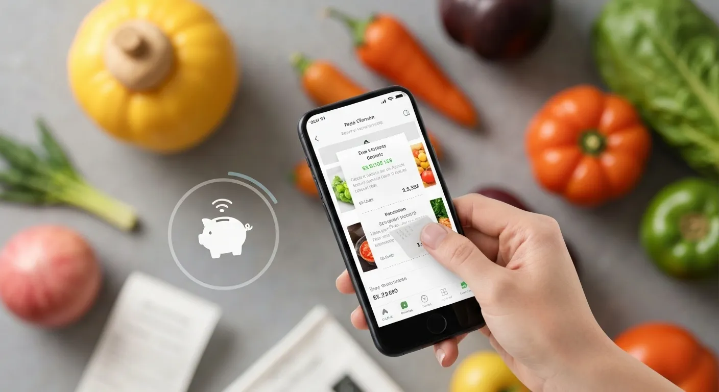 A person's hand holding a grocery receipt above a smartphone displaying a receipt scanning app interface.