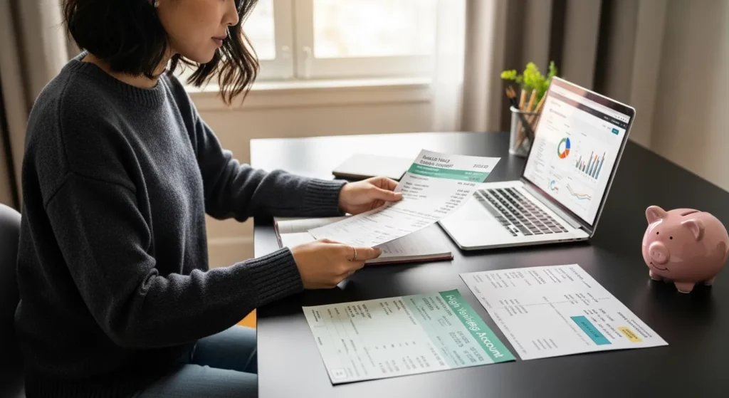 A person's desk with financial documents, bank statements, a laptop, and a piggy bank.