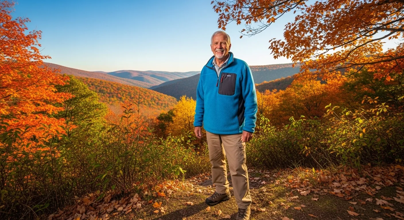 A senior citizen smiles while looking at a fall foliage scene from a national park, with warm clothing visible.