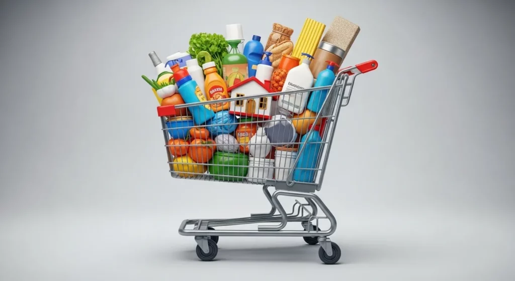 A shopping cart filled with diverse consumer goods, symbolizing the items included in the Consumer Price Index (CPI) calculation.