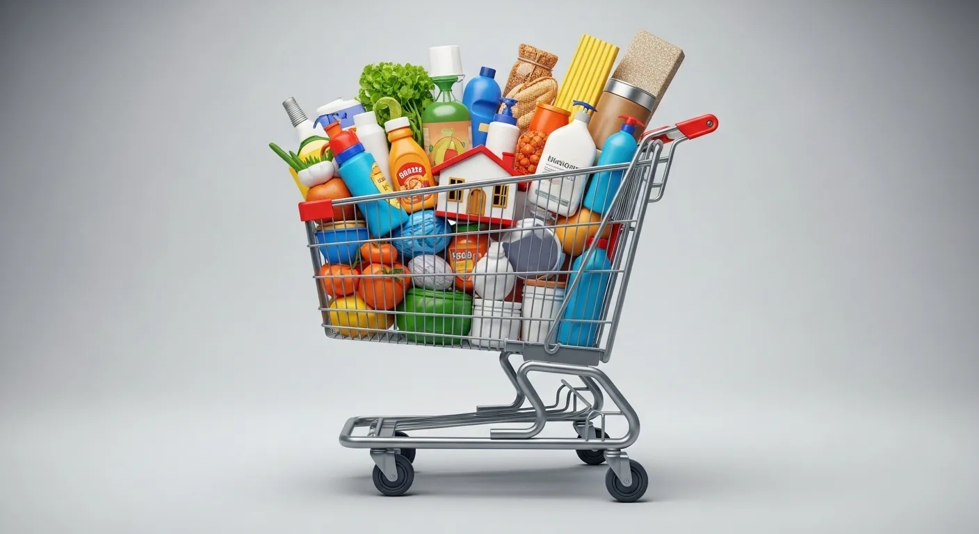 A shopping cart filled with diverse consumer goods, symbolizing the items included in the Consumer Price Index (CPI) calculation.