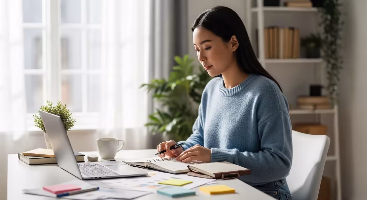 A person sits at a desk in a home office, a laptop open displaying a project management tool, with various documents and a coffee cup nearby.