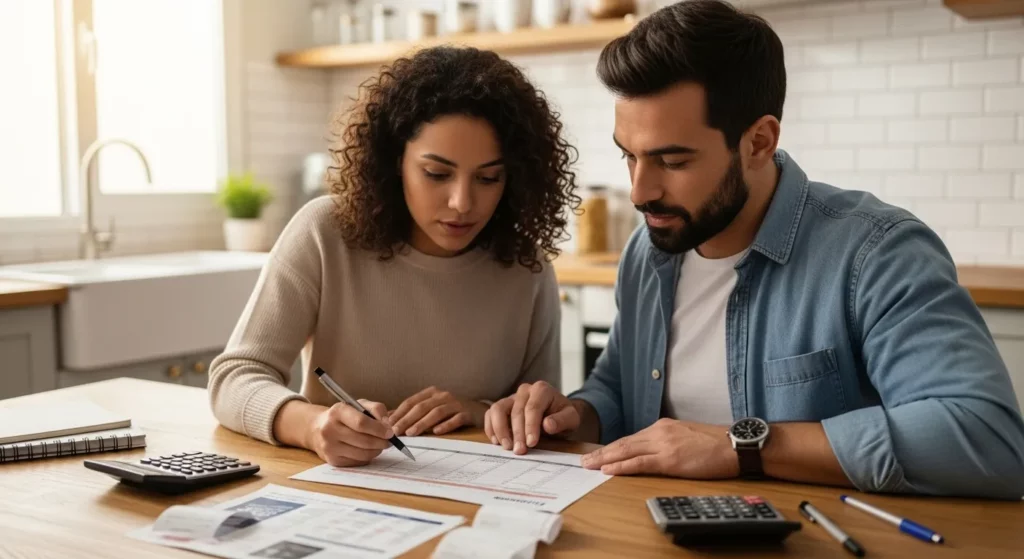 A couple sits at a kitchen table reviewing financial documents and a budget spreadsheet.