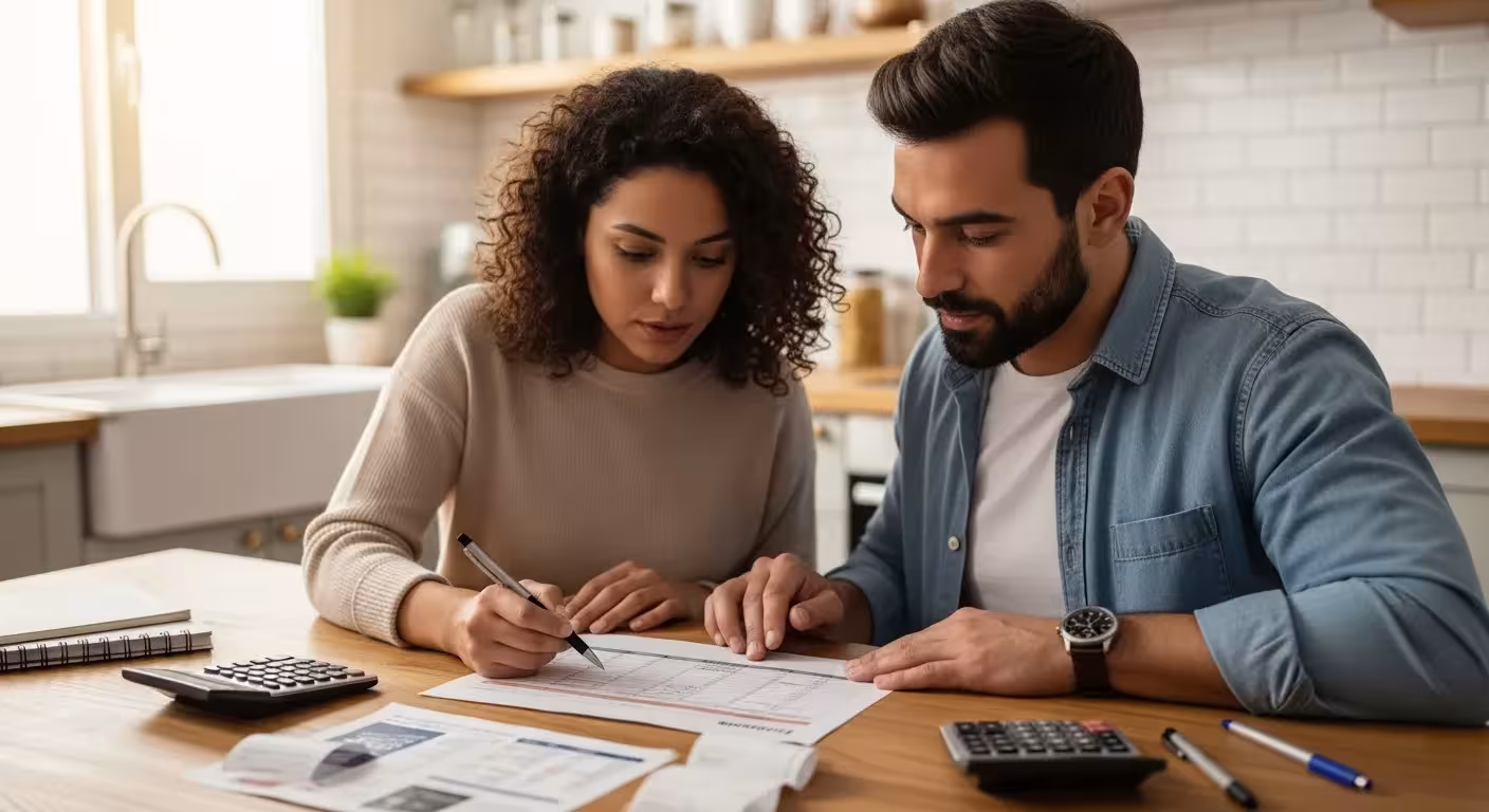 A couple sits at a kitchen table reviewing financial documents and a budget spreadsheet.