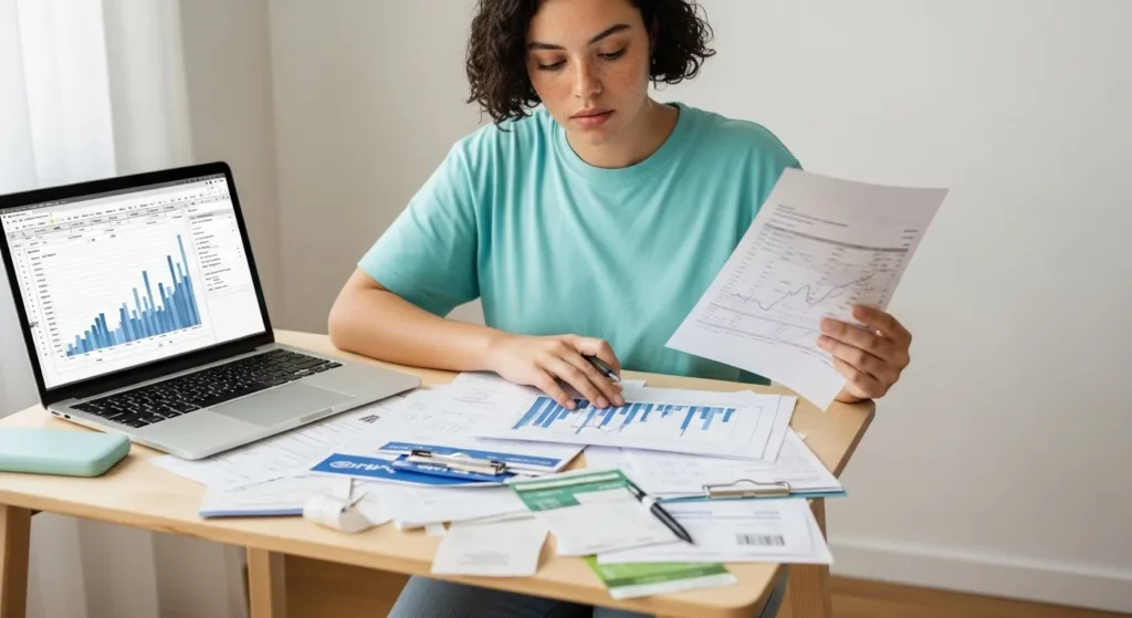 A person sits at a kitchen table reviewing a budget spreadsheet and a grocery shopping list.