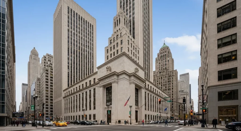 A large, classical-style bank building stands prominently in a modern cityscape, with people moving on a street in the foreground.