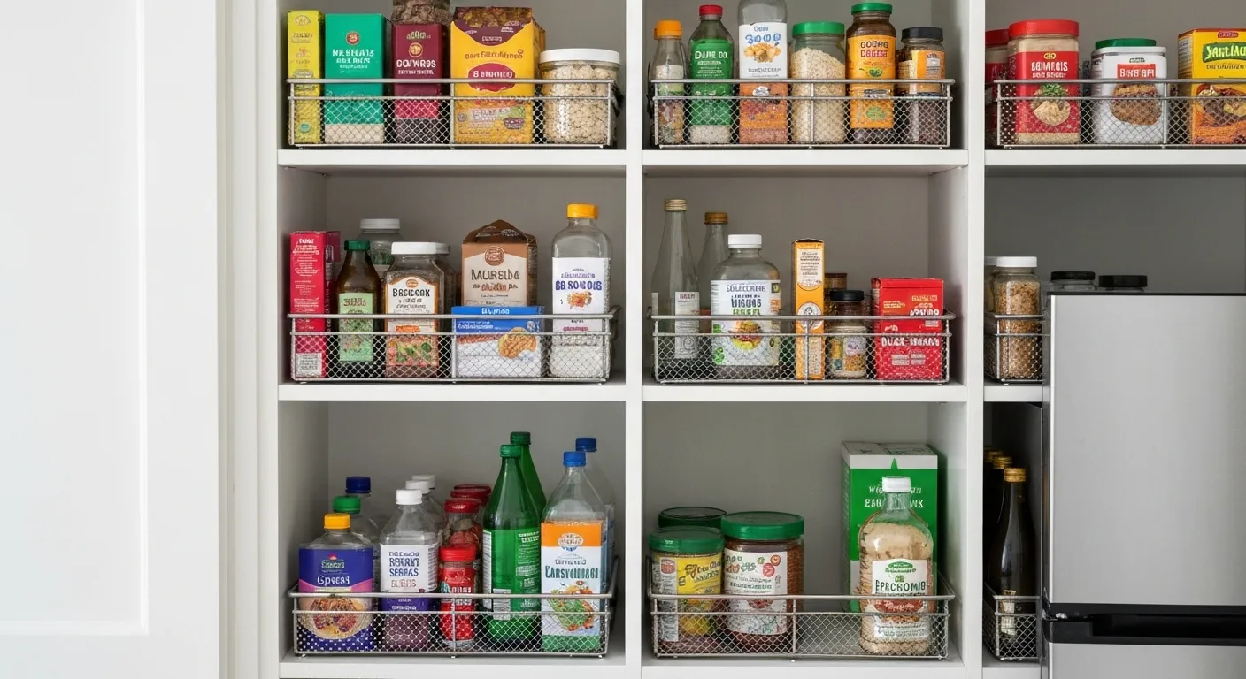 A well-organized pantry with various food items neatly arranged on shelves.