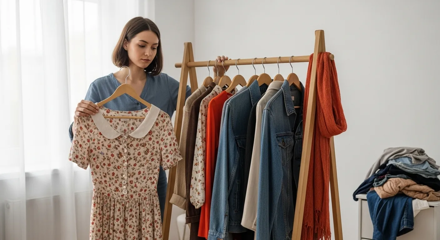 A woman stands in front of a well-organized closet, displaying a mix of classic and vintage clothing items.