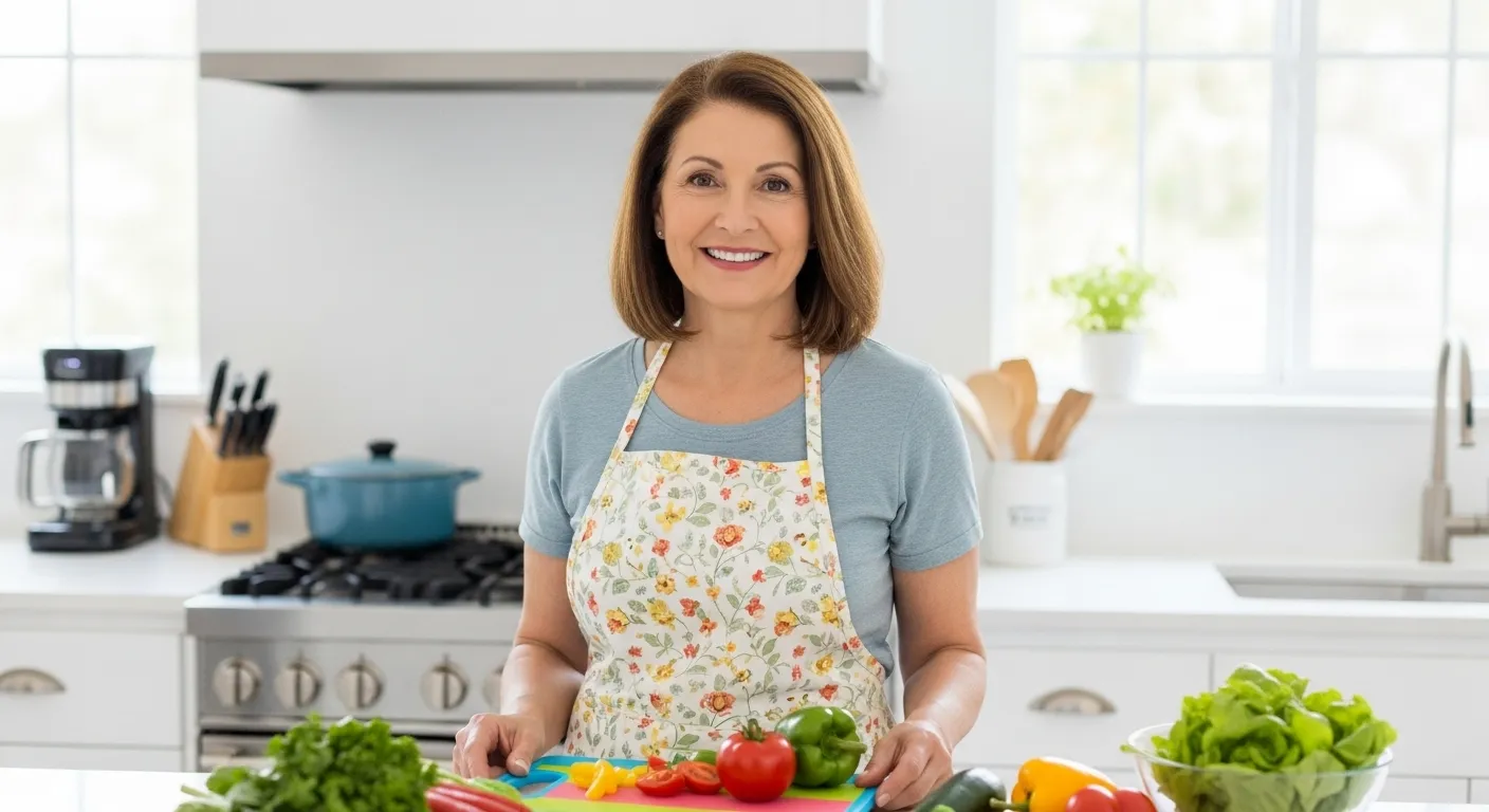A woman stands in her kitchen, preparing a simple meal of chicken and vegetables.