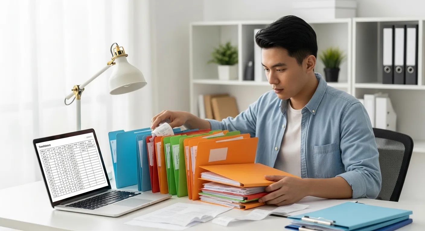 A person sits at a desk with brightly colored folders, a spreadsheet on a laptop, and receipts organized neatly.