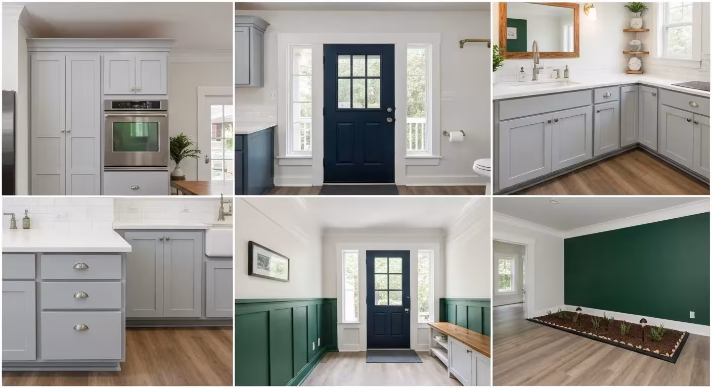 A renovated kitchen with newly painted gray cabinets and updated hardware.