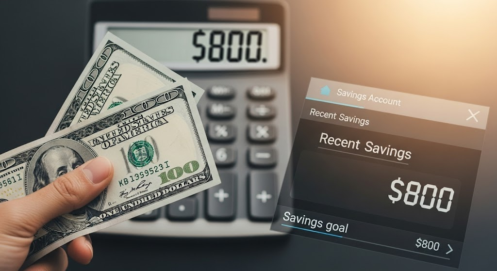 A close-up image of a hand holding a stack of $100 bills, with a blurred calculator displaying "$800" and a savings account screen showing a recent saving. The image conveys a sense of financial achievement and relief.