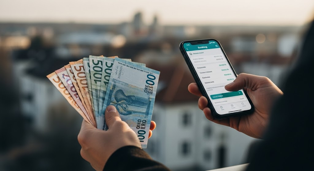A close-up image of a hand holding a stack of colorful bills, with a smartphone in the other hand displaying a banking app. The background is a subtly blurred cityscape, suggesting financial management and avoiding bank fees.