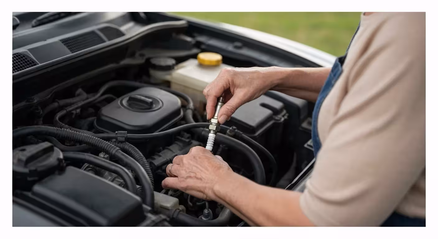 A woman's hands working on a car engine, with tools and a small diagnostic device visible.