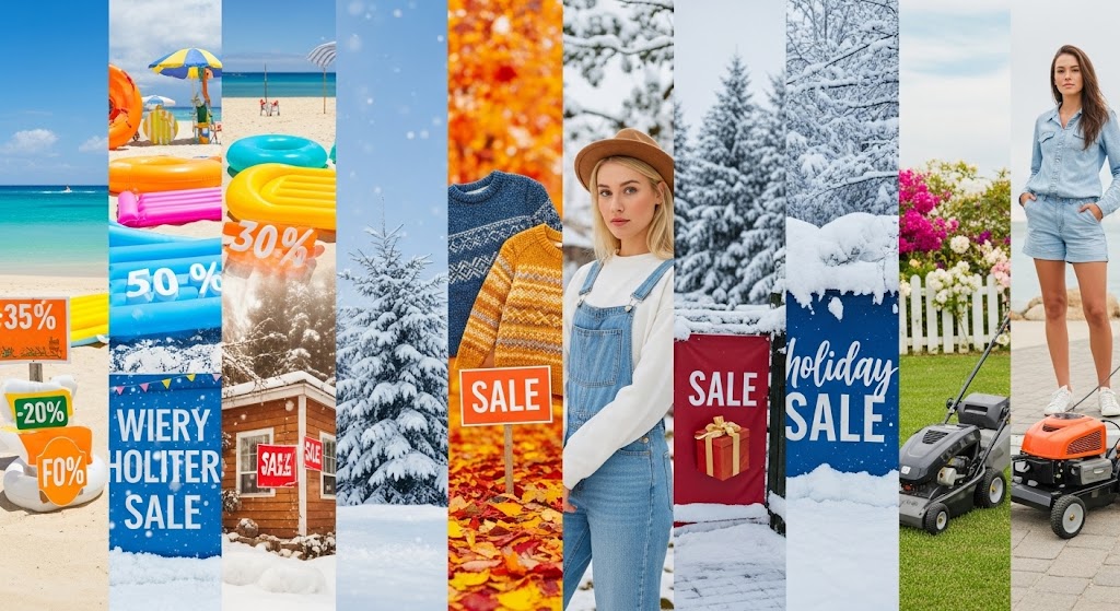 A vibrant collage illustrating the best times to buy various items throughout the year, with a central clock or calendar motif and diverse products like electronics, clothing, and home goods arranged around it.