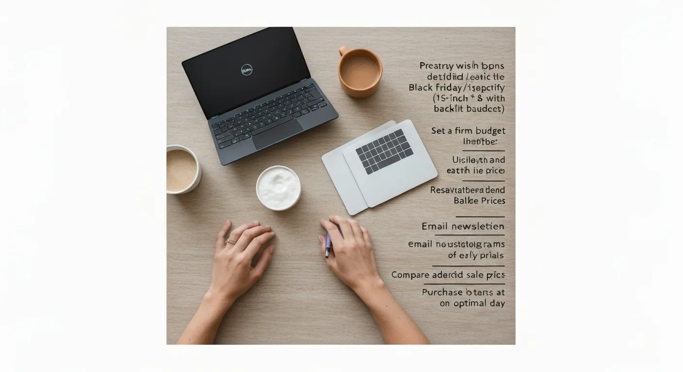 A person sits at a desk with a laptop, a notepad with a shopping list, and several electronics catalogs spread around them.