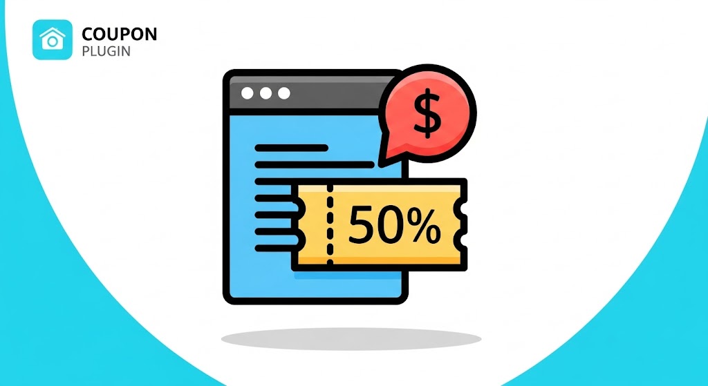 A stylized, colorful icon representing a coupon plugin, designed with a clean and minimalist aesthetic.