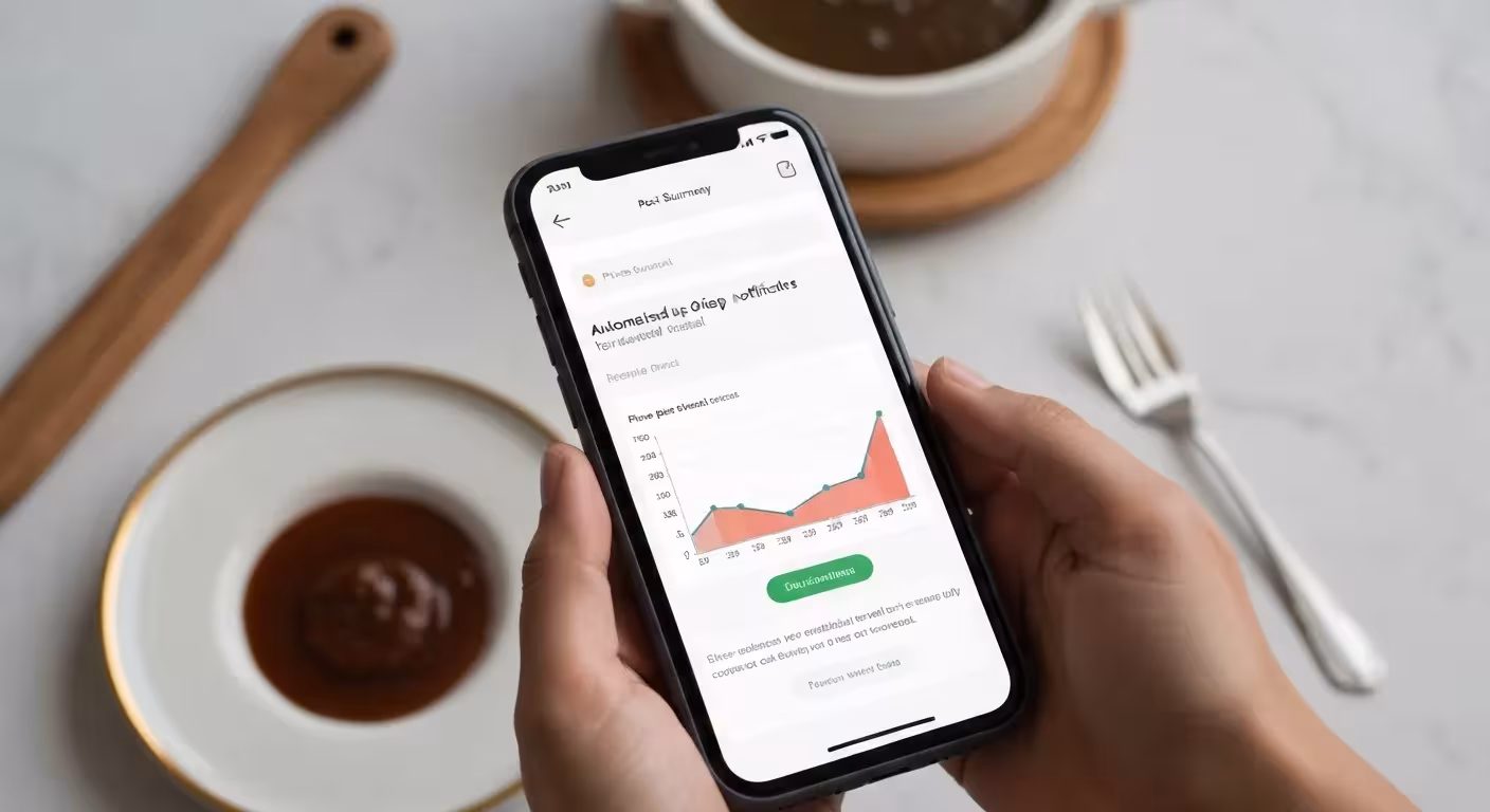 A person's smartphone displaying an email notification of a price drop on a desired item, alongside a price-tracking graph showing a downward trend.