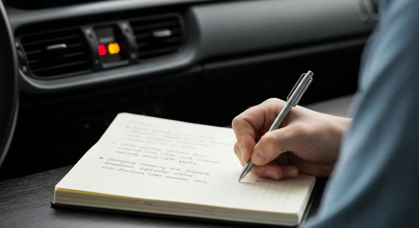 A person meticulously recording details about their car's malfunction in a notebook.