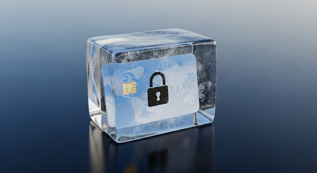 A credit card frozen inside a transparent ice cube with a padlock symbol, symbolizing protection and security.