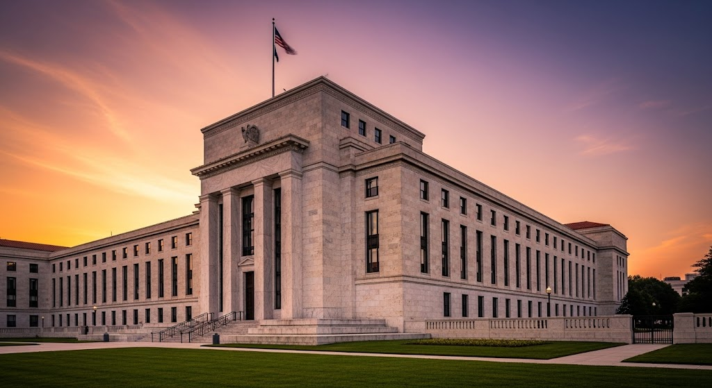 A grand image of the Federal Reserve building at sunset, emphasizing its architectural details and conveying a sense of strength and stability.