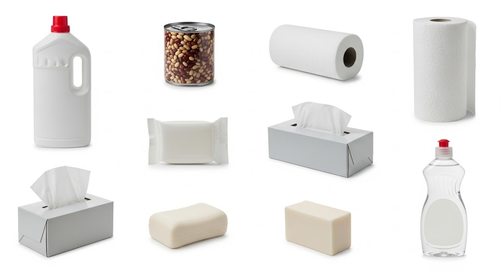 A collection of generic, unbranded everyday items arranged in a grid pattern, including cleaning solutions, canned goods, paper towels, tissues, and soaps.