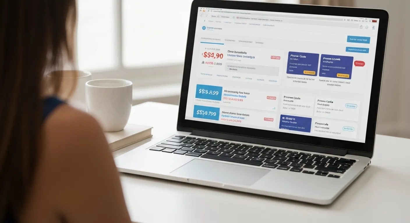 A person sits at a computer, looking intently at a screen displaying a webpage with various online shopping options and discount codes.
