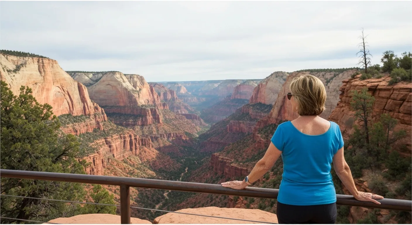 A woman stands on a scenic overlook, gazing at a vast canyon landscape.