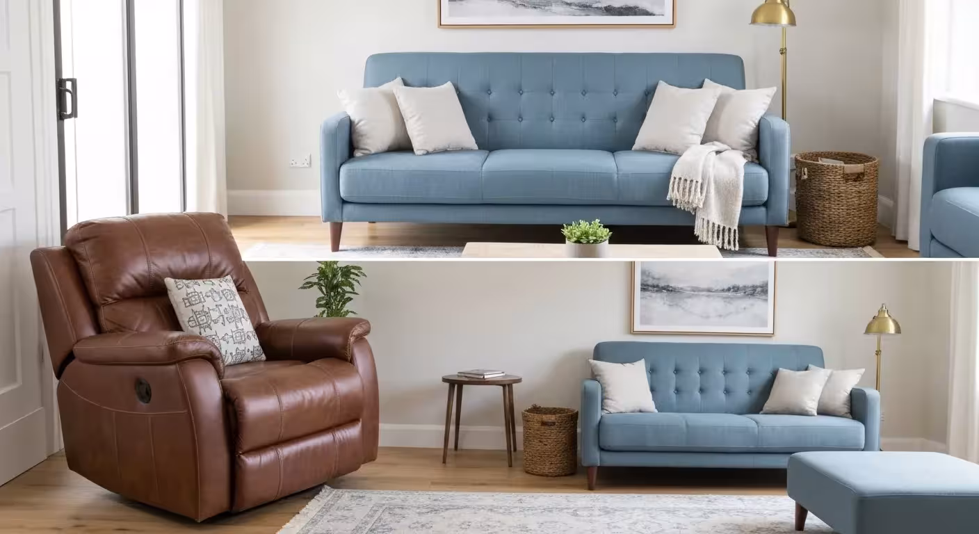 A twilight blue sofa and a brown leather recliner sit in a cozy living room.