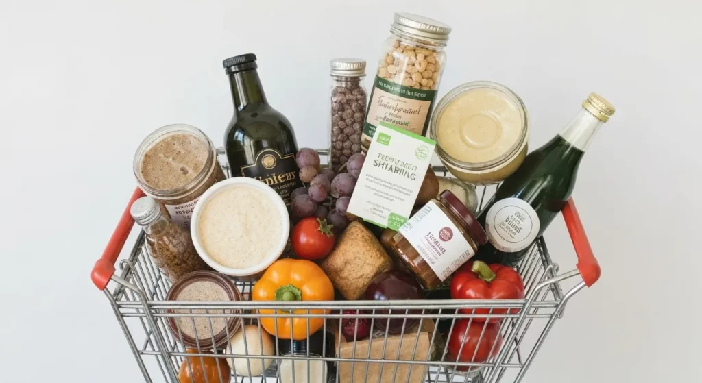 A person's hands holding a smartphone displaying an online shopping cart with various items nearing the free shipping threshold.