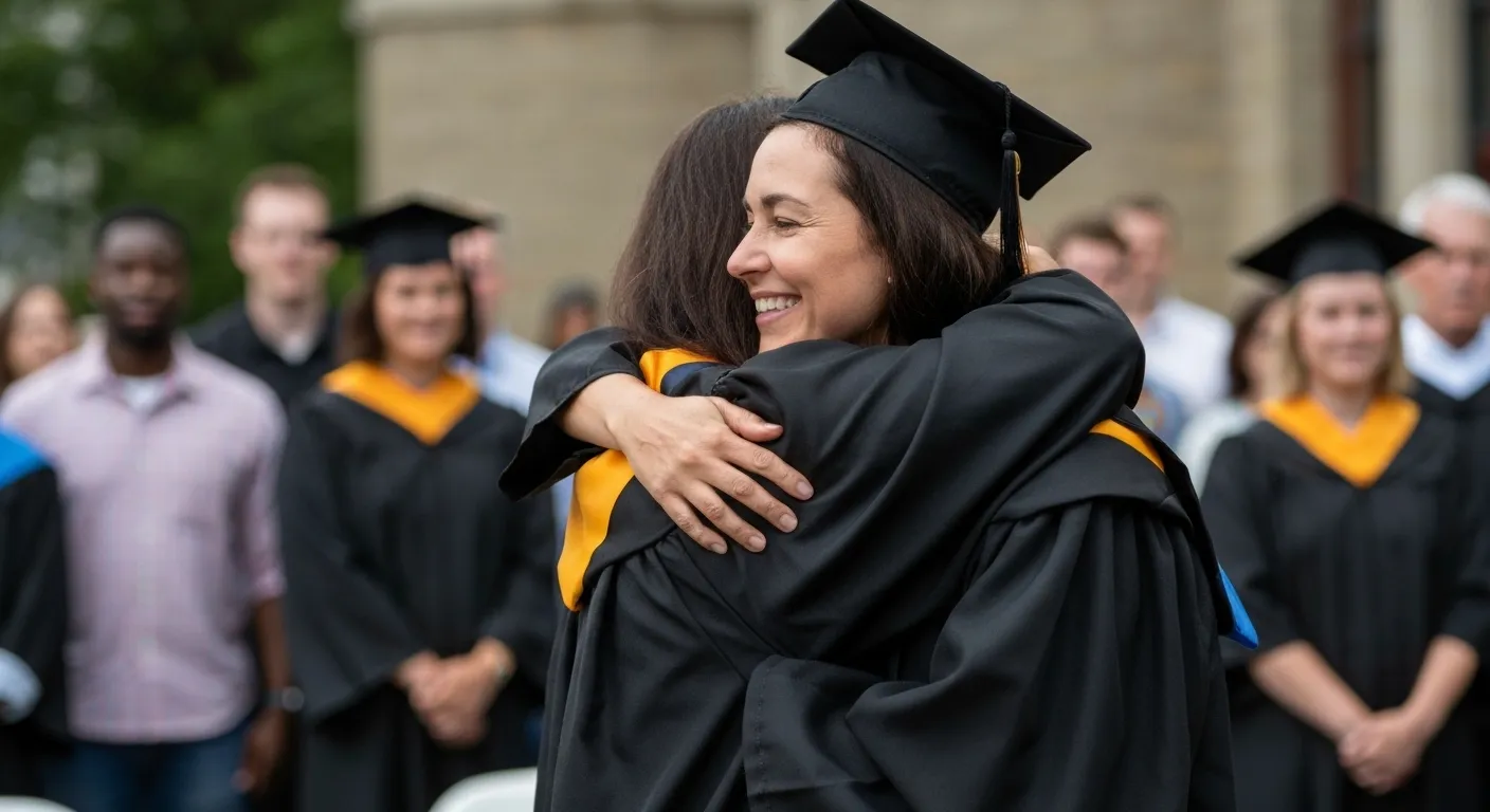 A woman smiles broadly while looking at her niece in a graduation cap and gown at an outdoor stadium.