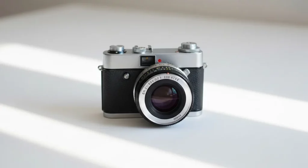 A woman photographs a vintage camera lens on a white background, using natural light from a nearby window.