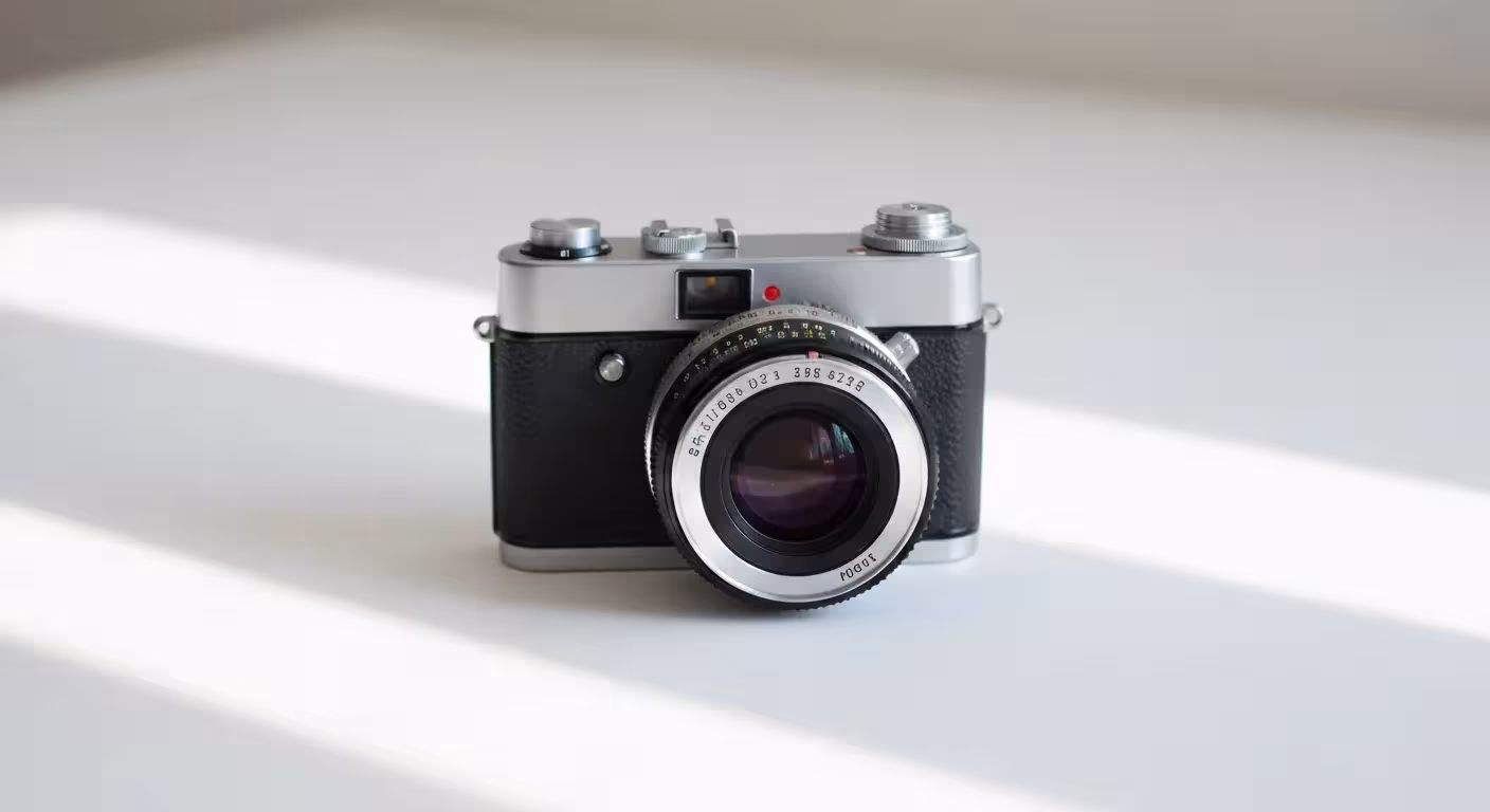A woman photographs a vintage camera lens on a white background, using natural light from a nearby window.