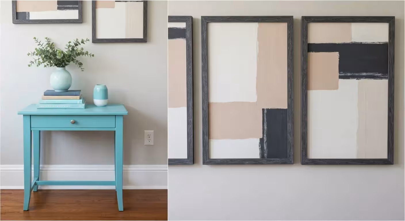 A transformed robin's egg blue side table sits in a room with newly created large-scale abstract art above a floral sofa.