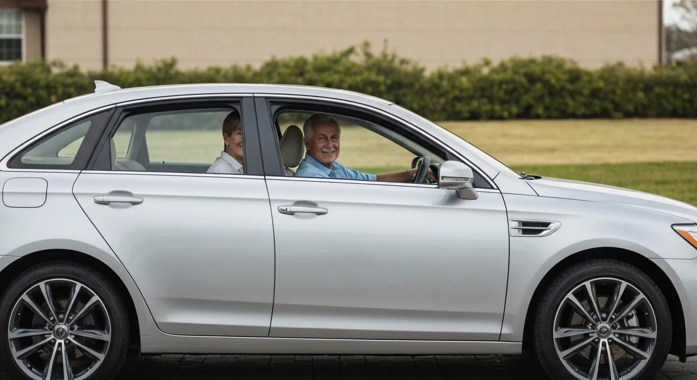 A couple smiles while sitting in a clean, well-maintained used sedan parked in a well-lit driveway.