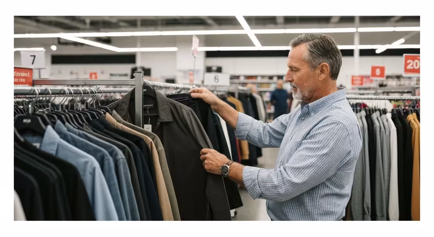 A man smiles while holding a pair of khaki chinos he purchased at a discounted price from a clearance rack at an outlet store.