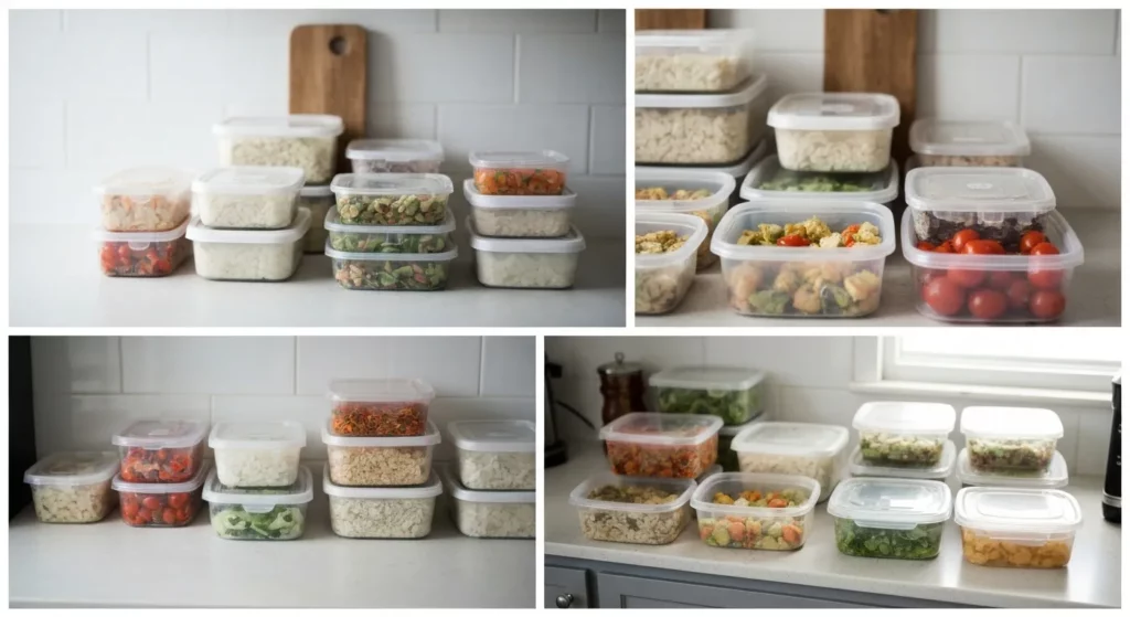 A woman's kitchen counter with various containers of prepped food, including roasted vegetables and cooked protein, alongside fresh ingredients.