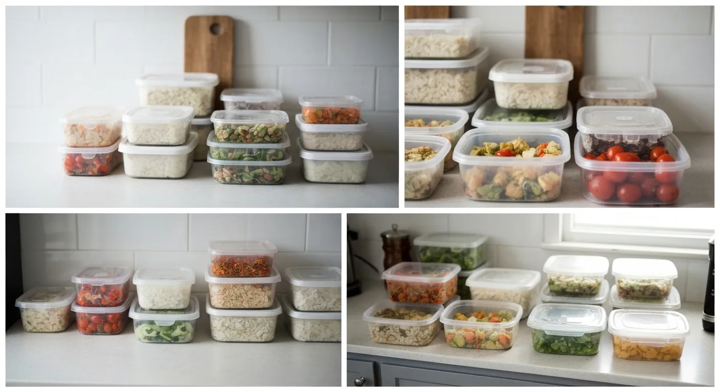 A woman's kitchen counter with various containers of prepped food, including roasted vegetables and cooked protein, alongside fresh ingredients.