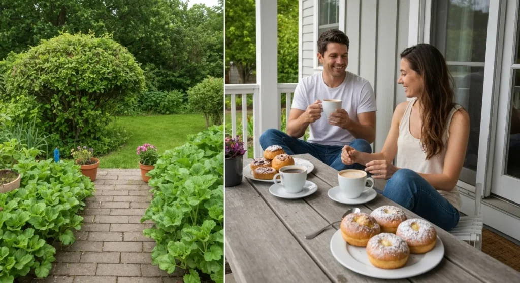A couple sits on their porch, enjoying coffee and conversation, with a lush garden visible in the background.