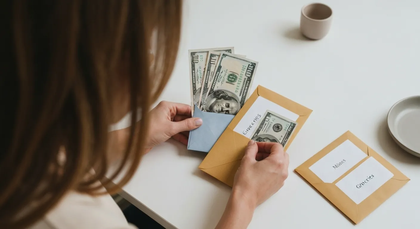 A person's hands sorting cash into several labeled envelopes on a kitchen table.