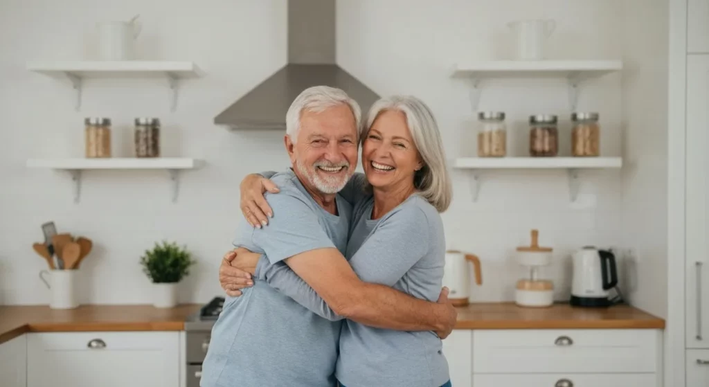 A woman and a man are hugging in front of a kitchen counter with a refrigerator visible in the background.