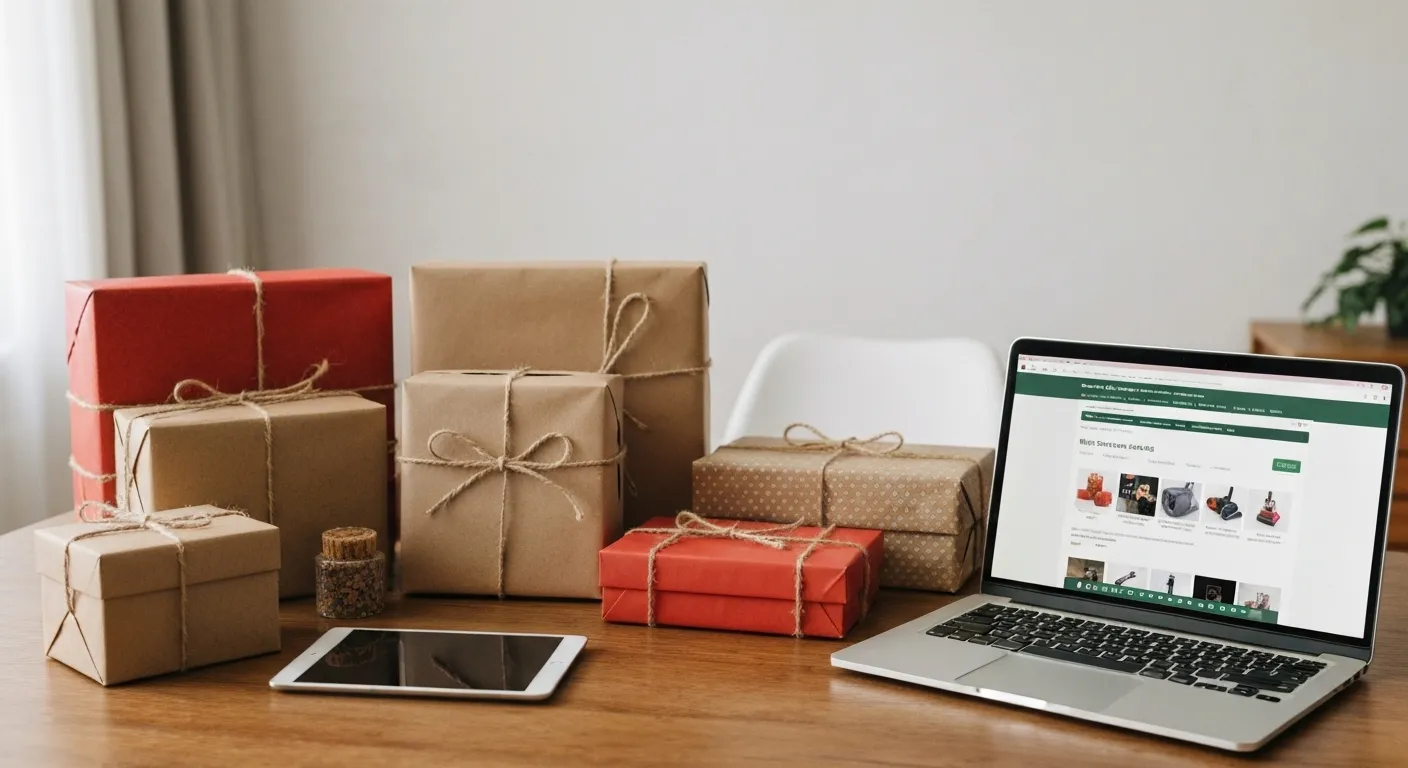 A collection of gifts, including tools, a vacuum cleaner, and a tablet, neatly arranged next to a yellow legal pad and a laptop computer.